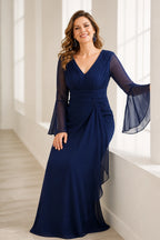 Elegant V-Neck Bell-Sleeve Floor-Length Mother of the Bride Dress
