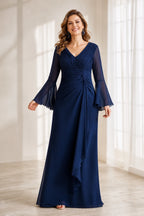 Elegant V-Neck Bell-Sleeve Floor-Length Mother of the Bride Dress