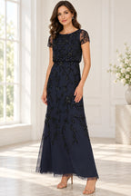 Navy blue mother of the bride dress with short sleeves and floral beaded A line silhouette