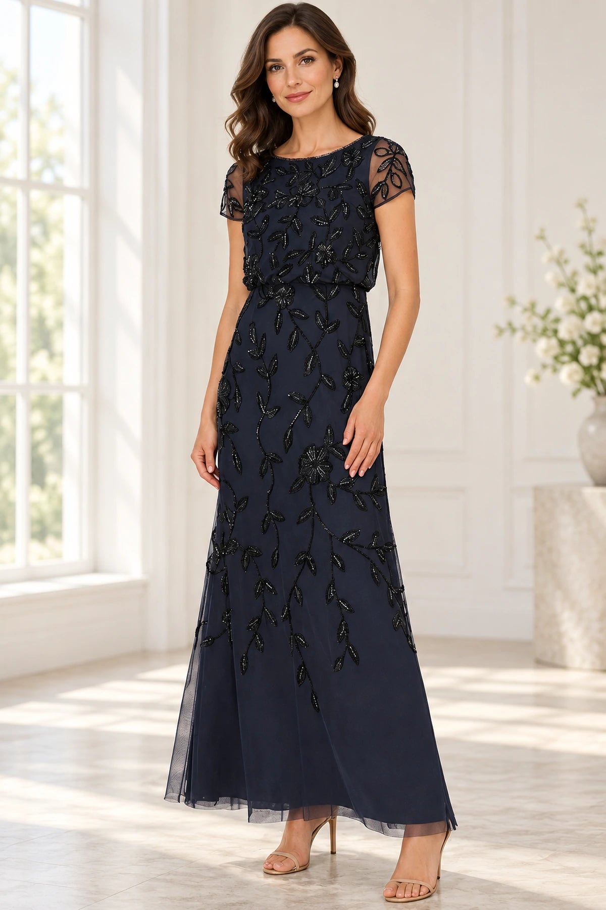 Navy blue mother of the bride dress with short sleeves and floral beaded A line silhouette