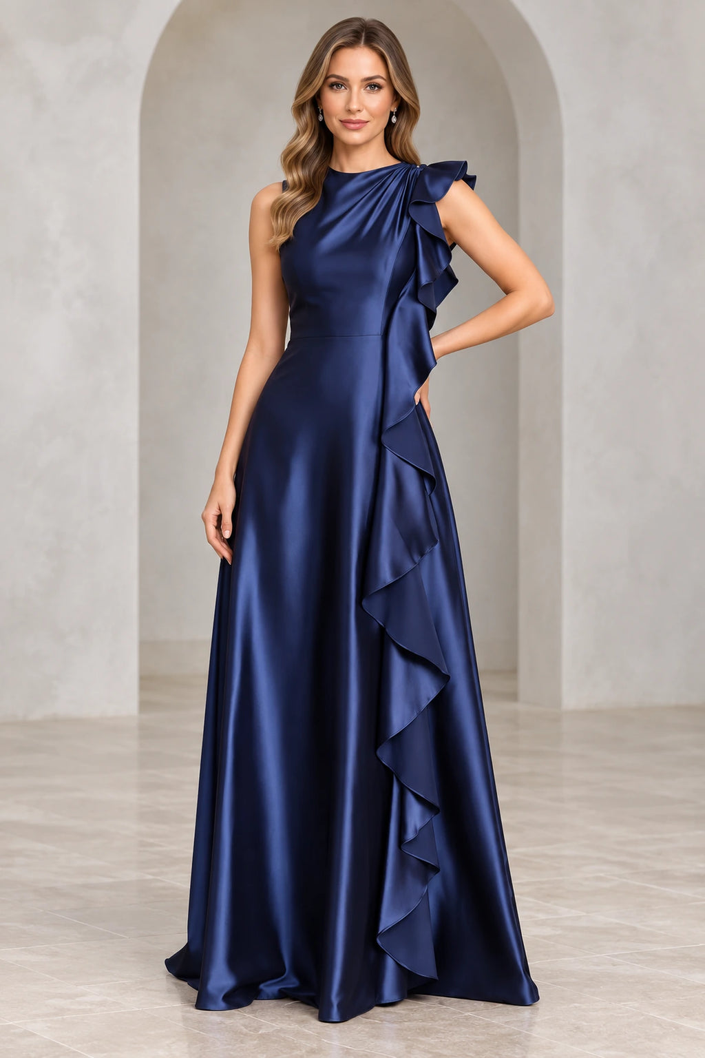 Navy blue Mother of the Bride Dress with high neckline, sleeveless bodice, cascading side ruffle and floor-length A-line skirt