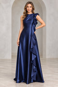 Navy blue Mother of the Bride Dress with high neckline, sleeveless bodice, cascading side ruffle and floor-length A-line skirt