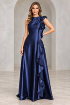 Navy blue Mother of the Bride Dress with high neckline, sleeveless bodice, cascading side ruffle and floor-length A-line skirt