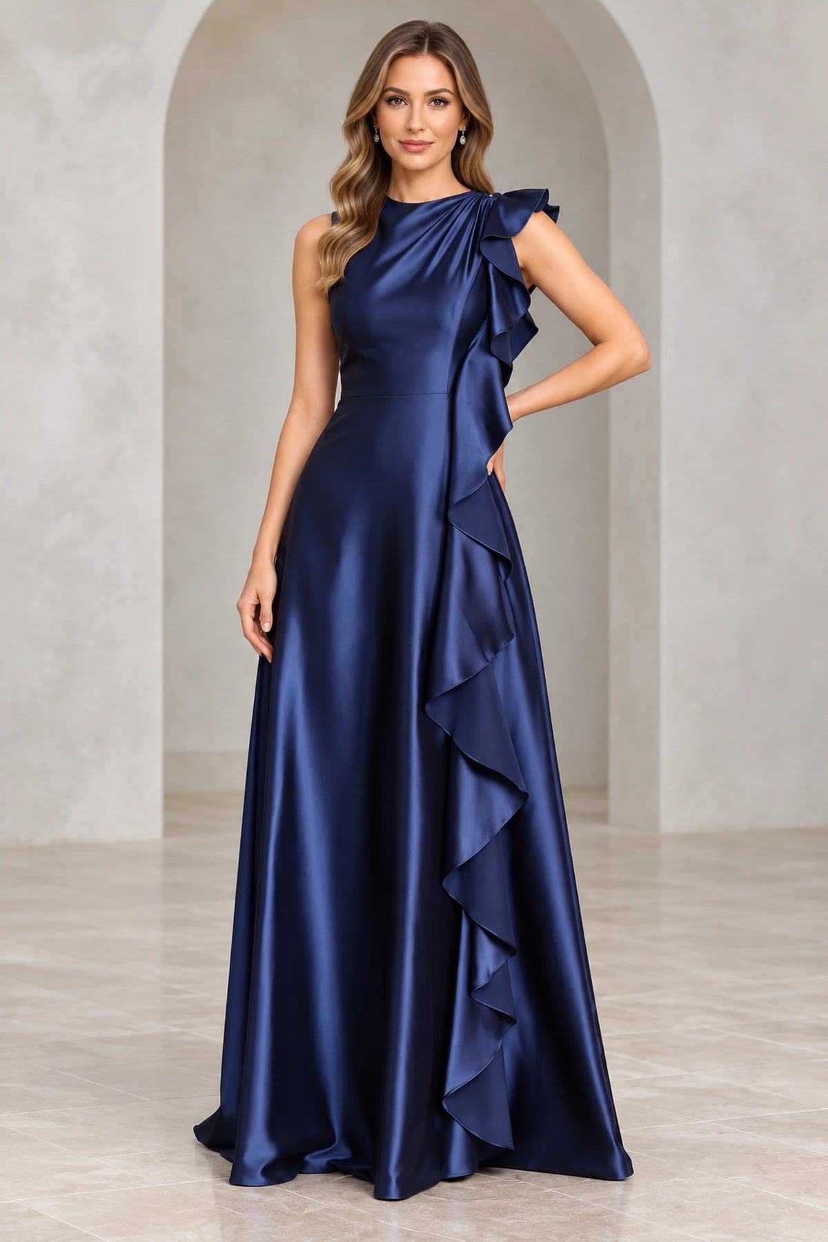 Navy blue Mother of the Bride Dress with high neckline, sleeveless bodice, cascading side ruffle and floor-length A-line skirt