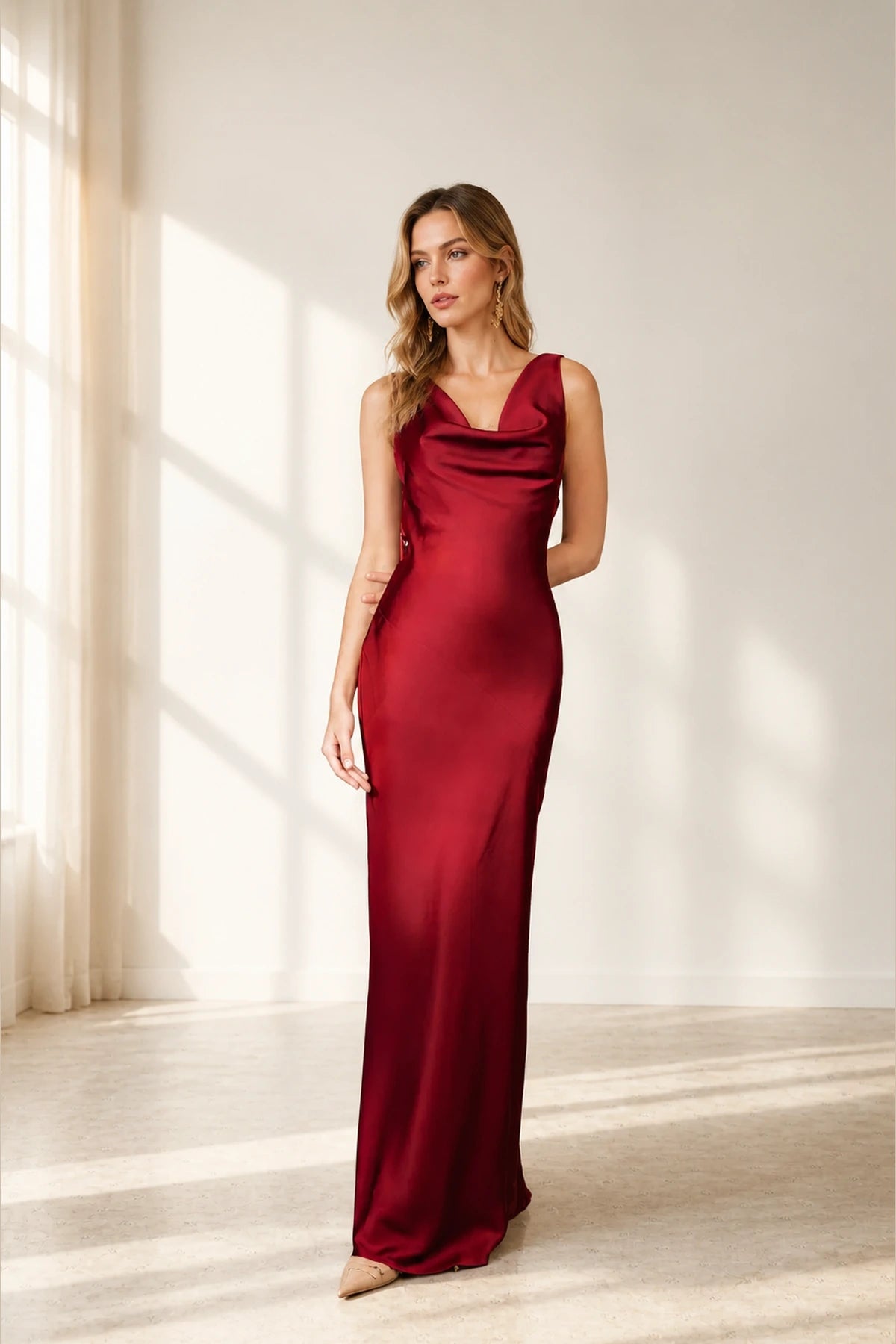 Refined Sheath Cowl Neck Sleeveless Tie Back Long Bridesmaid Dress