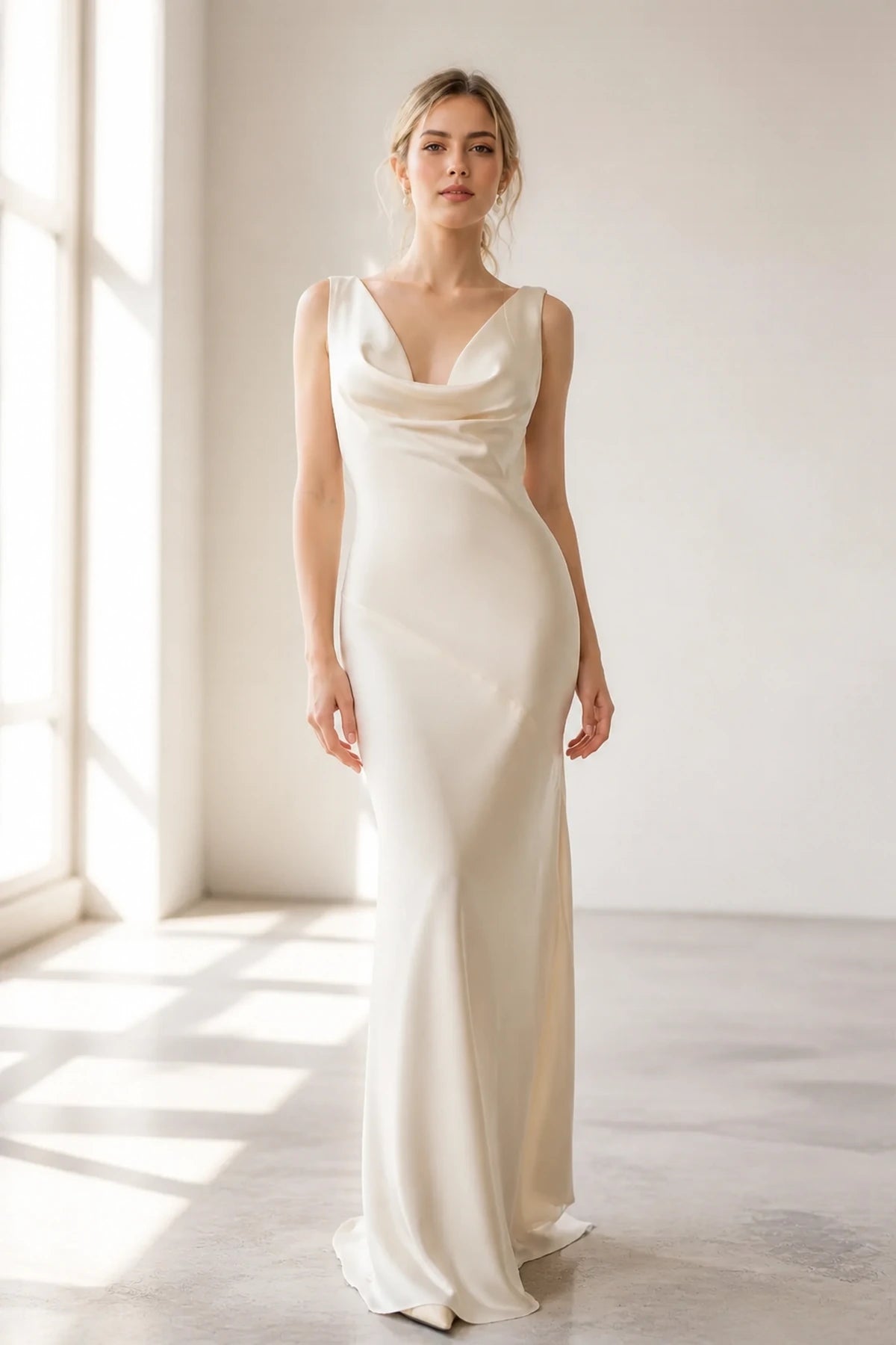 Refined Sheath Cowl Neck Sleeveless Tie Back Long Bridesmaid Dress