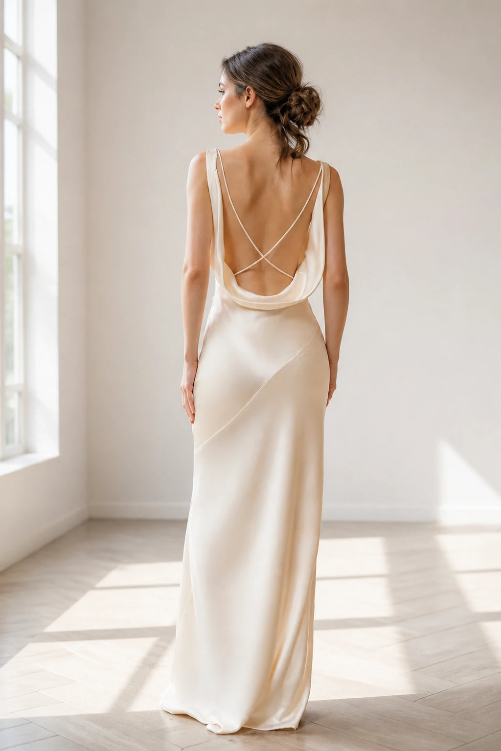 Refined Sheath Cowl Neck Sleeveless Tie Back Long Bridesmaid Dress