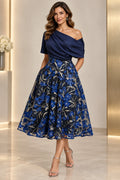 Navy blue Mother of the Bride Dress with asymmetrical neckline, short sleeve and floral tea-length A-line skirt