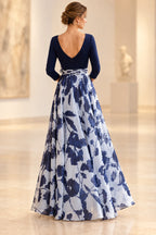 Back view of navy floral Mother of the Bride Dress with V-back, center zipper and flowing floor-length A-line skirt