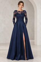 Navy blue A line mother of the bride dress with long lace sleeves and front slit