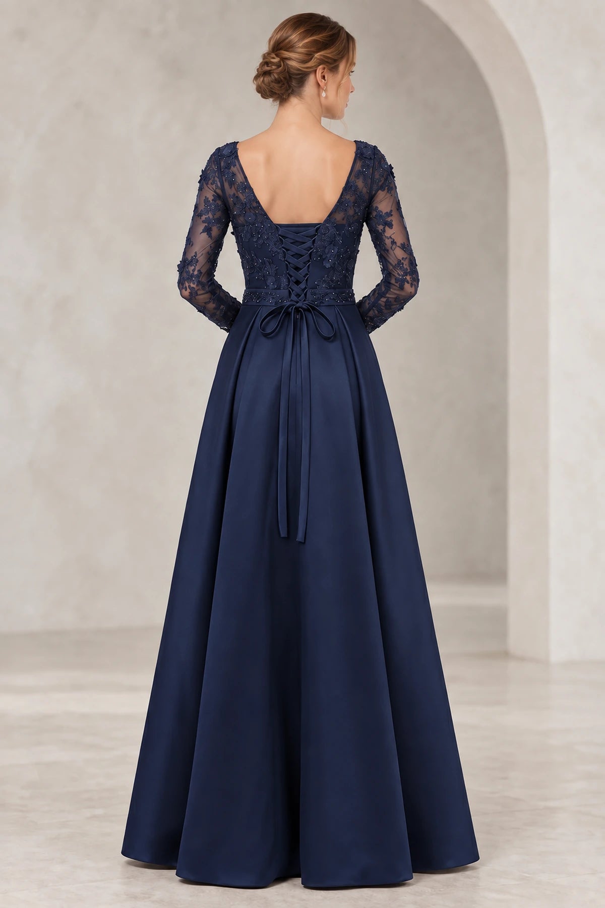 Navy blue lace up back mother of the bride dress with elegant long sleeves