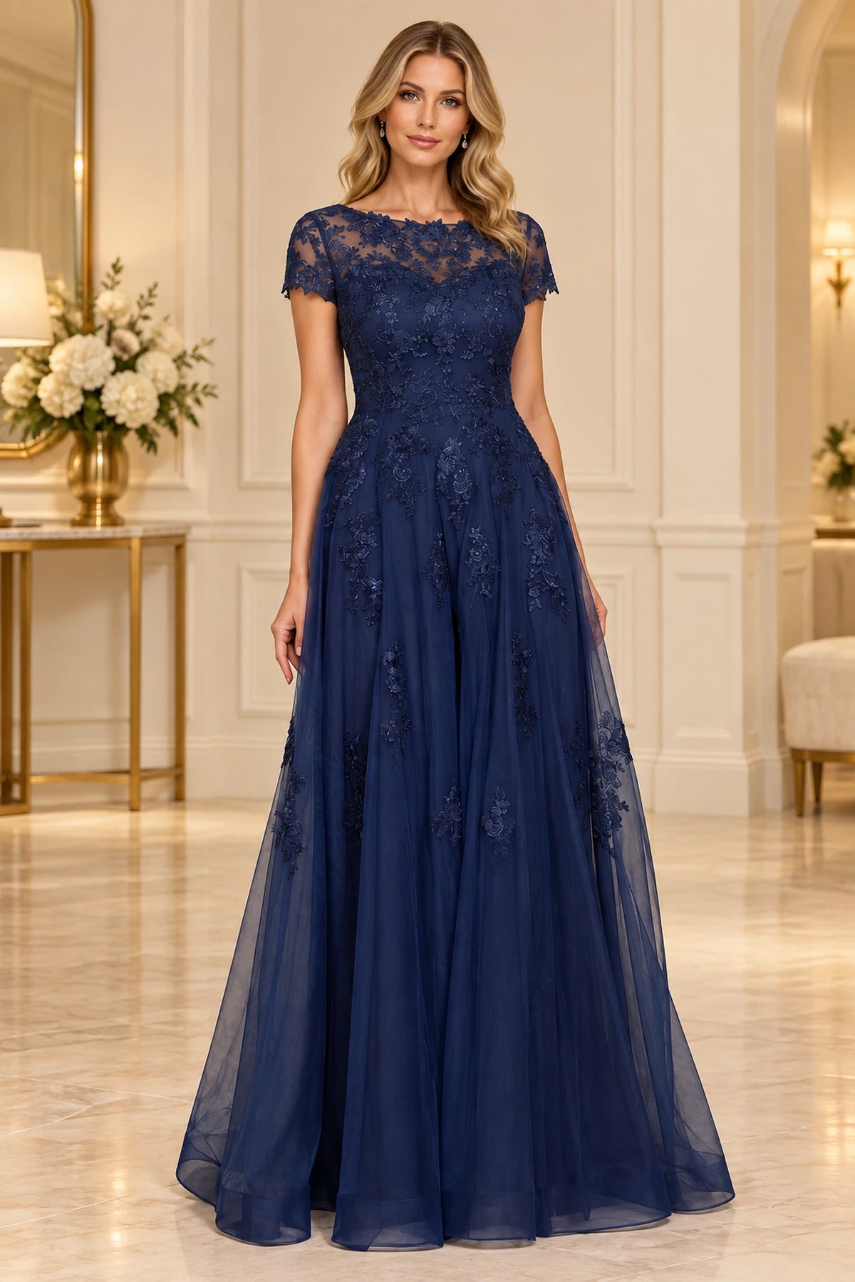Navy blue mother of the bride dress with illusion neckline short sleeves floral lace and long A-line skirt