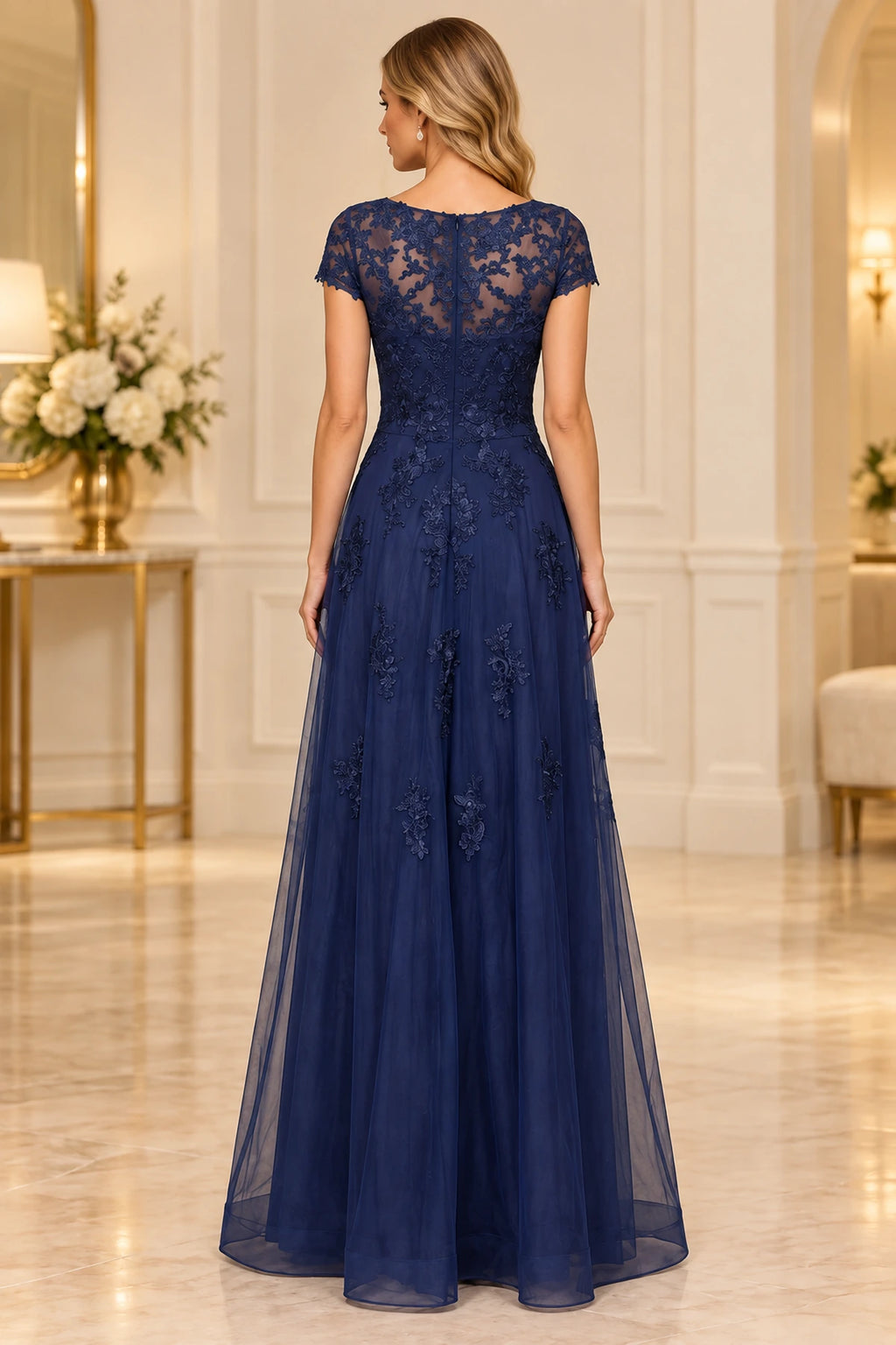 Navy blue lace mother of the bride dress with illusion back zipper closure and floor length A-line skirt