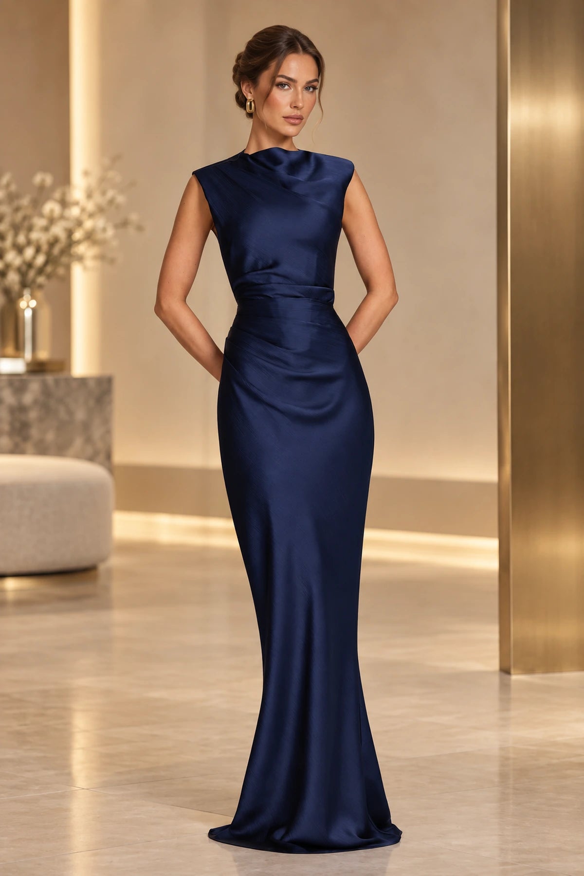 Navy blue high neck mermaid wedding guest dress with sleeveless design