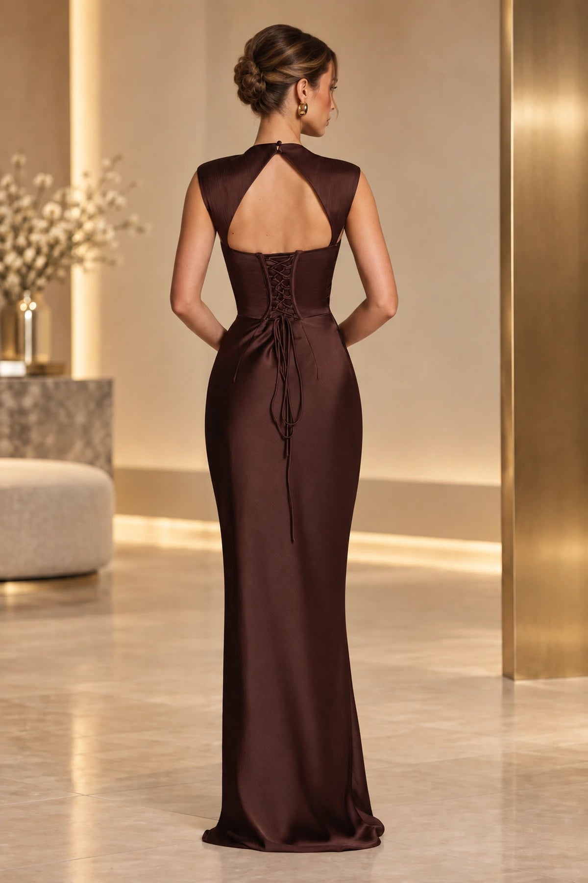 Sophisticated Mermaid High Neck Sleeveless Lace Up Back Maxi Wedding Guest Dress