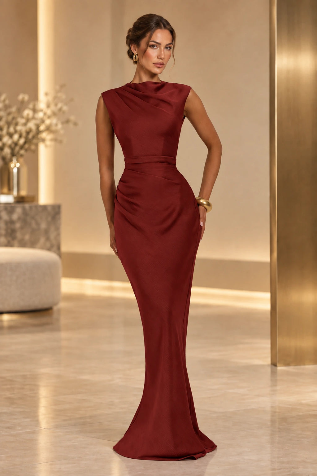 Sophisticated Mermaid High Neck Sleeveless Lace Up Back Maxi Wedding Guest Dress
