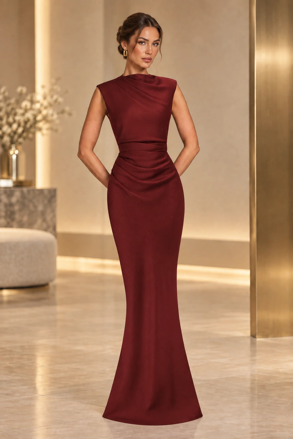 Sophisticated Mermaid High Neck Sleeveless Lace Up Back Maxi Wedding Guest Dress