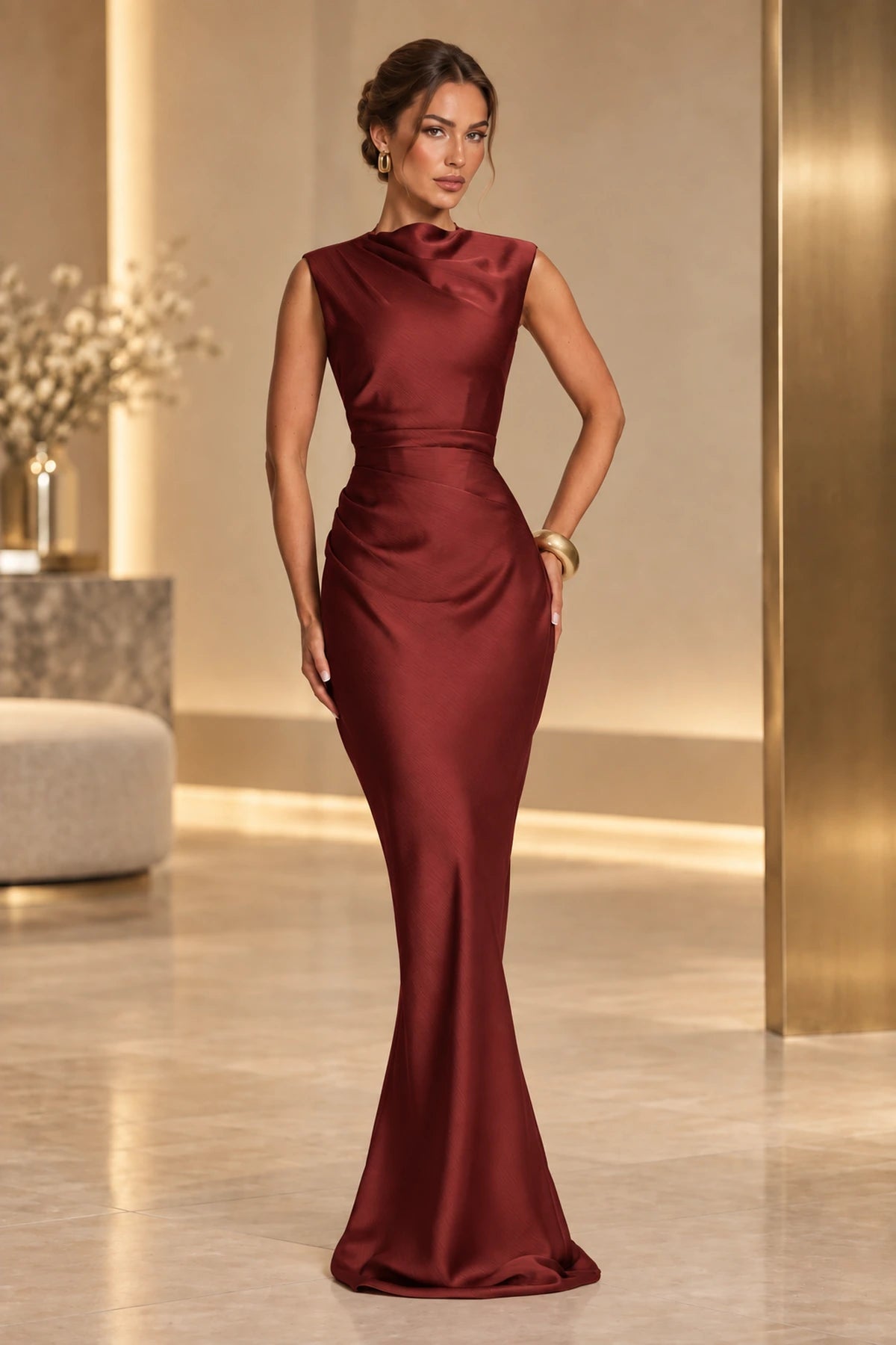 Sophisticated Mermaid High Neck Sleeveless Lace Up Back Maxi Wedding Guest Dress