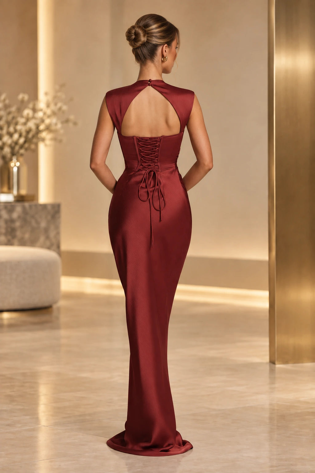 Sophisticated Mermaid High Neck Sleeveless Lace Up Back Maxi Wedding Guest Dress