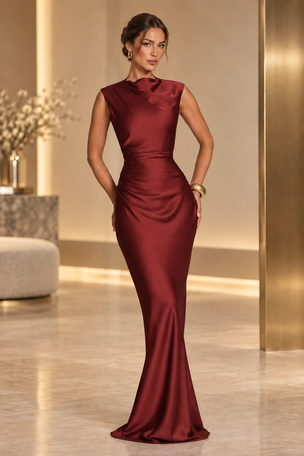 Sophisticated Mermaid High Neck Sleeveless Lace Up Back Maxi Wedding Guest Dress