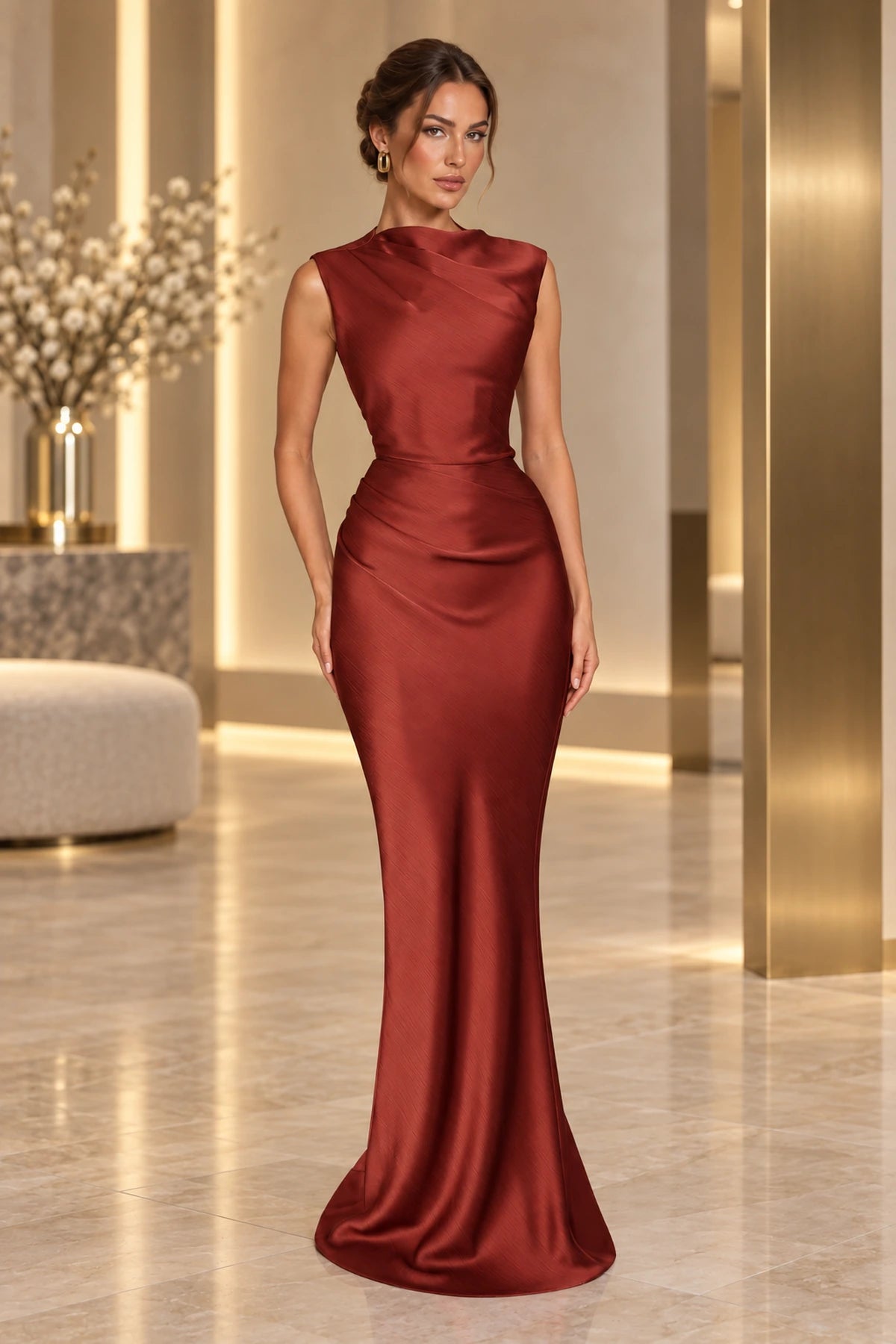 Sophisticated Mermaid High Neck Sleeveless Lace Up Back Maxi Wedding Guest Dress