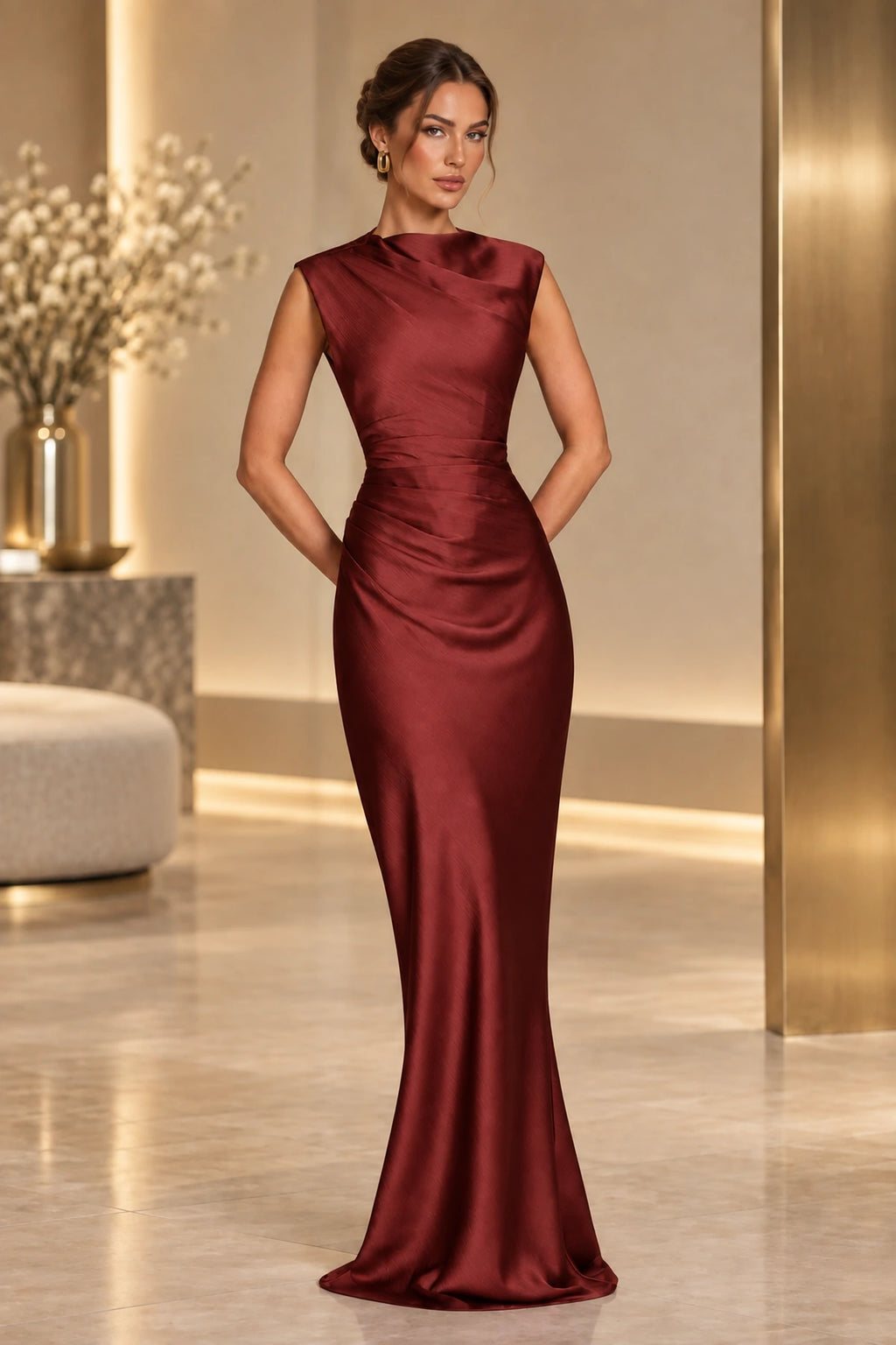 Sophisticated Mermaid High Neck Sleeveless Lace Up Back Maxi Wedding Guest Dress