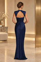 Navy blue lace up open back wedding guest dress with mermaid silhouette