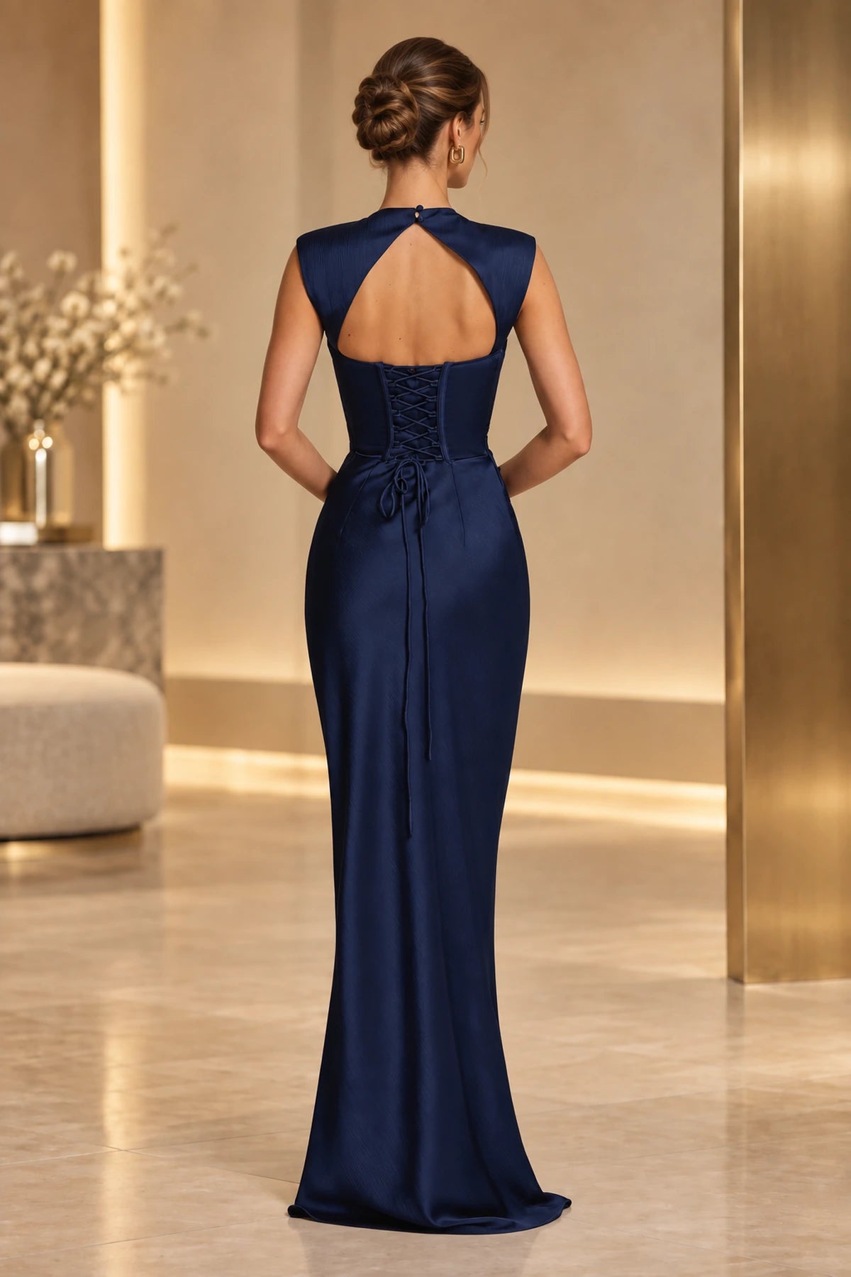 Navy blue lace up open back wedding guest dress with mermaid silhouette