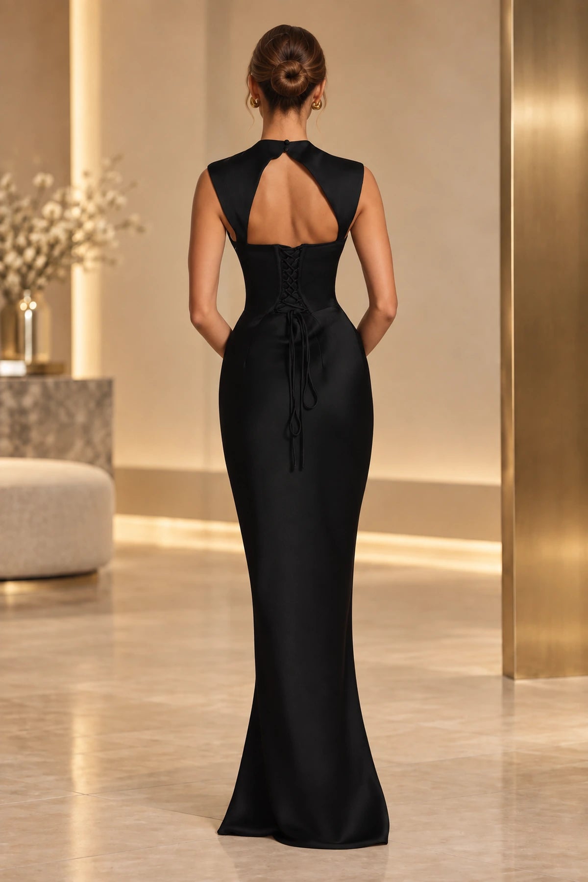 Sophisticated Mermaid High Neck Sleeveless Lace Up Back Maxi Wedding Guest Dress