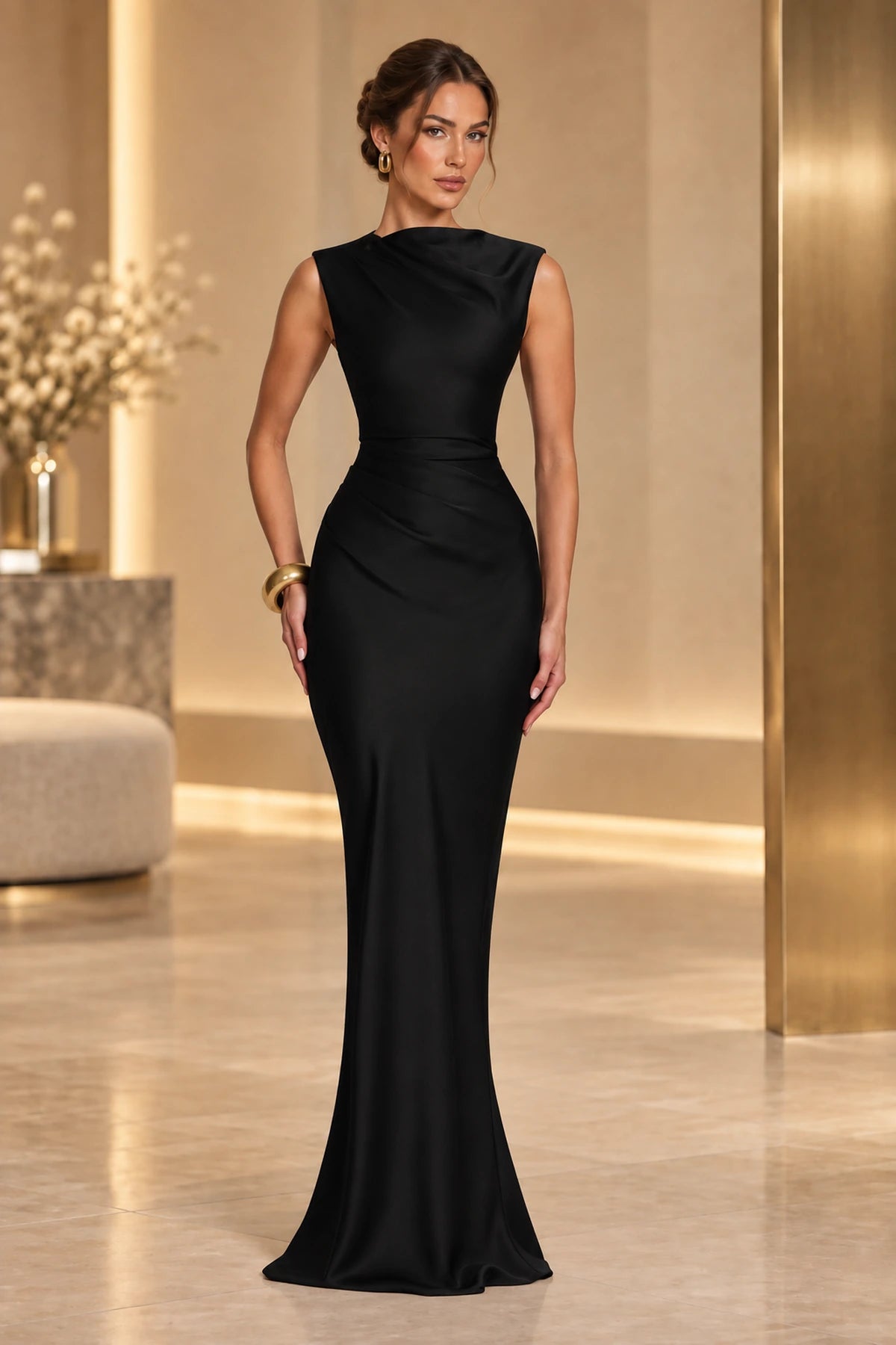 Sophisticated Mermaid High Neck Sleeveless Lace Up Back Maxi Wedding Guest Dress