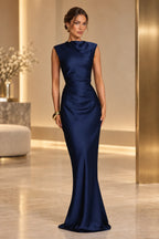 Sophisticated Mermaid High Neck Sleeveless Lace Up Back Maxi Wedding Guest Dress