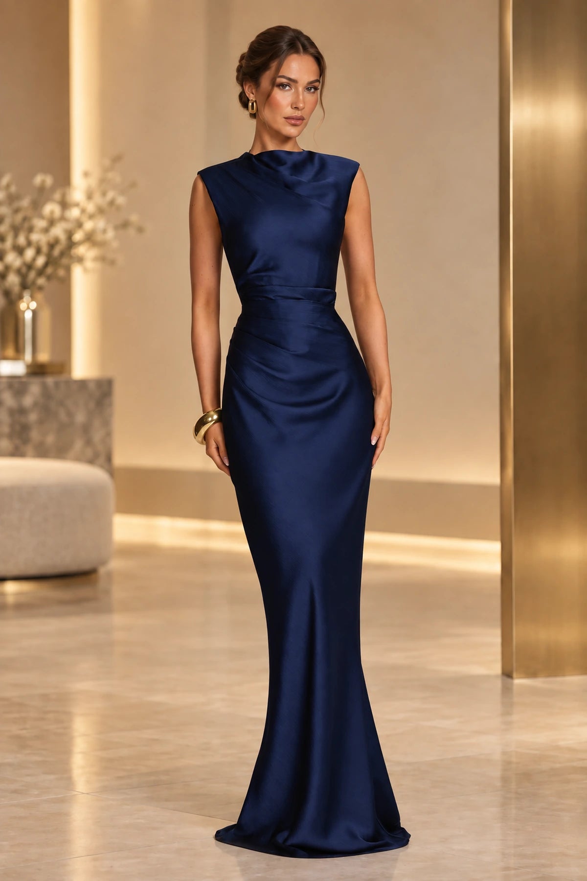 Sophisticated Mermaid High Neck Sleeveless Lace Up Back Maxi Wedding Guest Dress