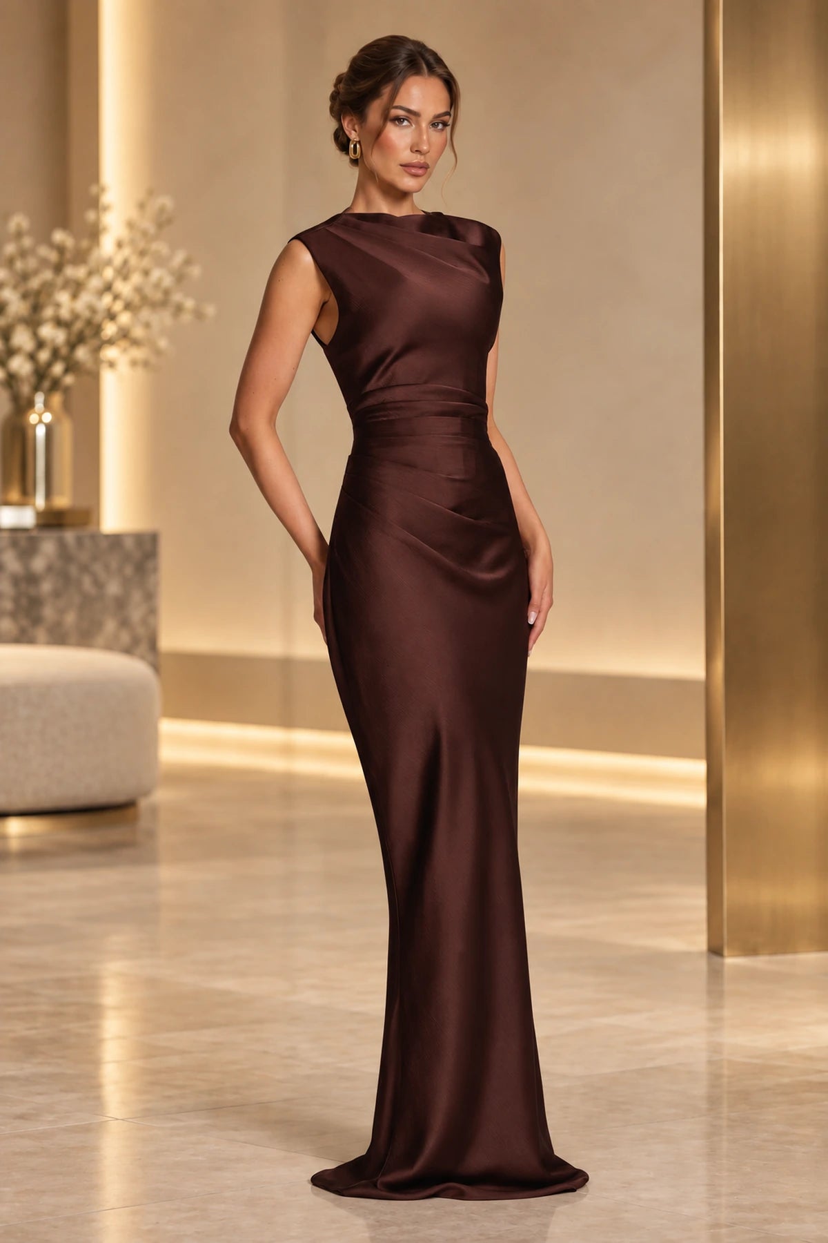 Sophisticated Mermaid High Neck Sleeveless Lace Up Back Maxi Wedding Guest Dress