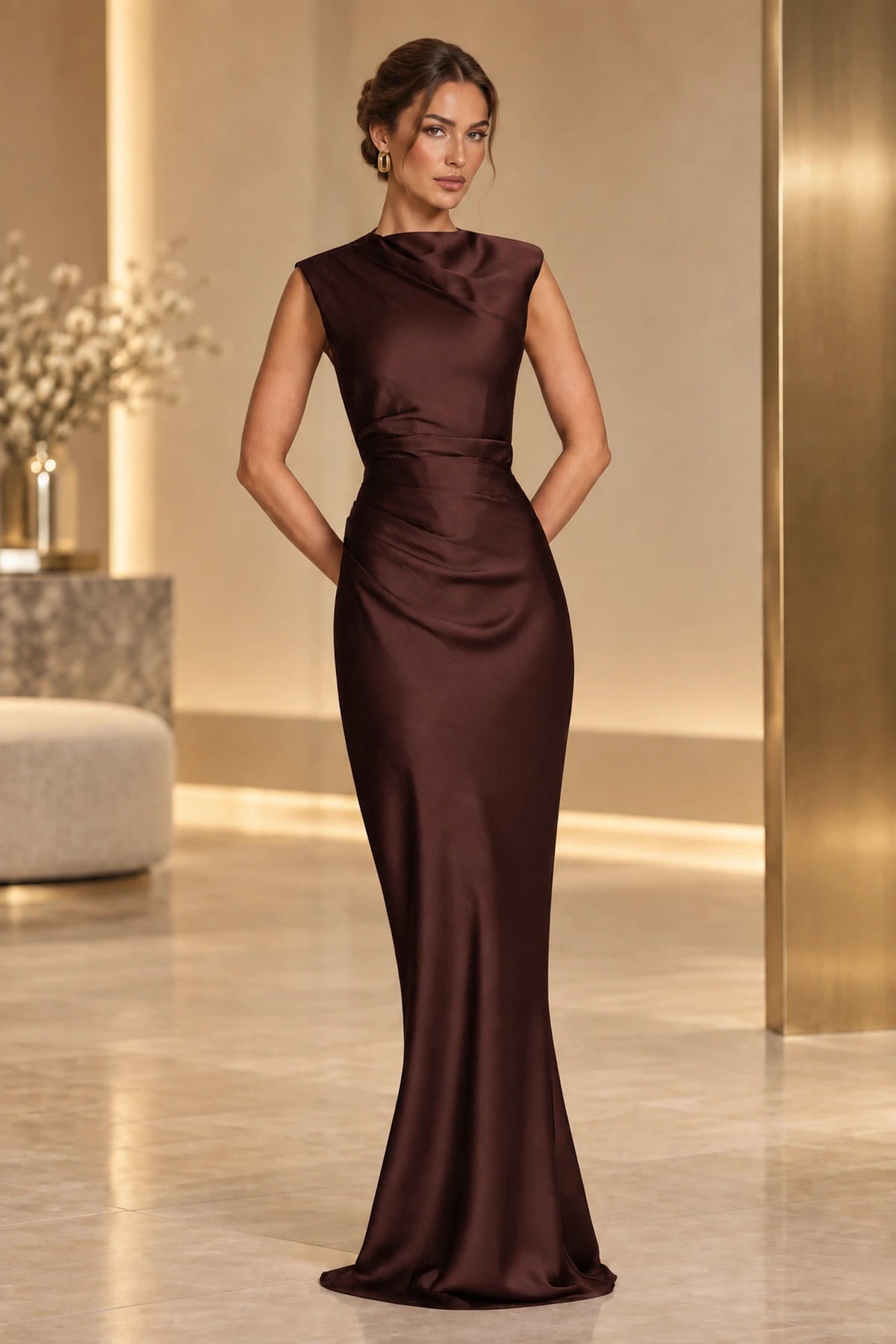 Sophisticated Mermaid High Neck Sleeveless Lace Up Back Maxi Wedding Guest Dress