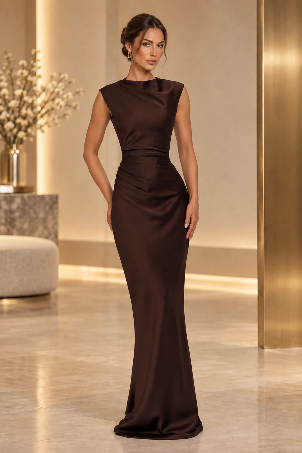 Sophisticated Mermaid High Neck Sleeveless Lace Up Back Maxi Wedding Guest Dress