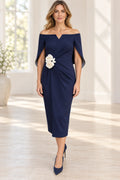 Navy blue sheath Mother of the Bride Dress with off-the-shoulder cape sleeves, ruched waist and ivory floral accents