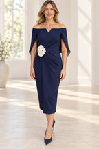 Navy blue sheath Mother of the Bride Dress with off-the-shoulder cape sleeves, ruched waist and ivory floral accents