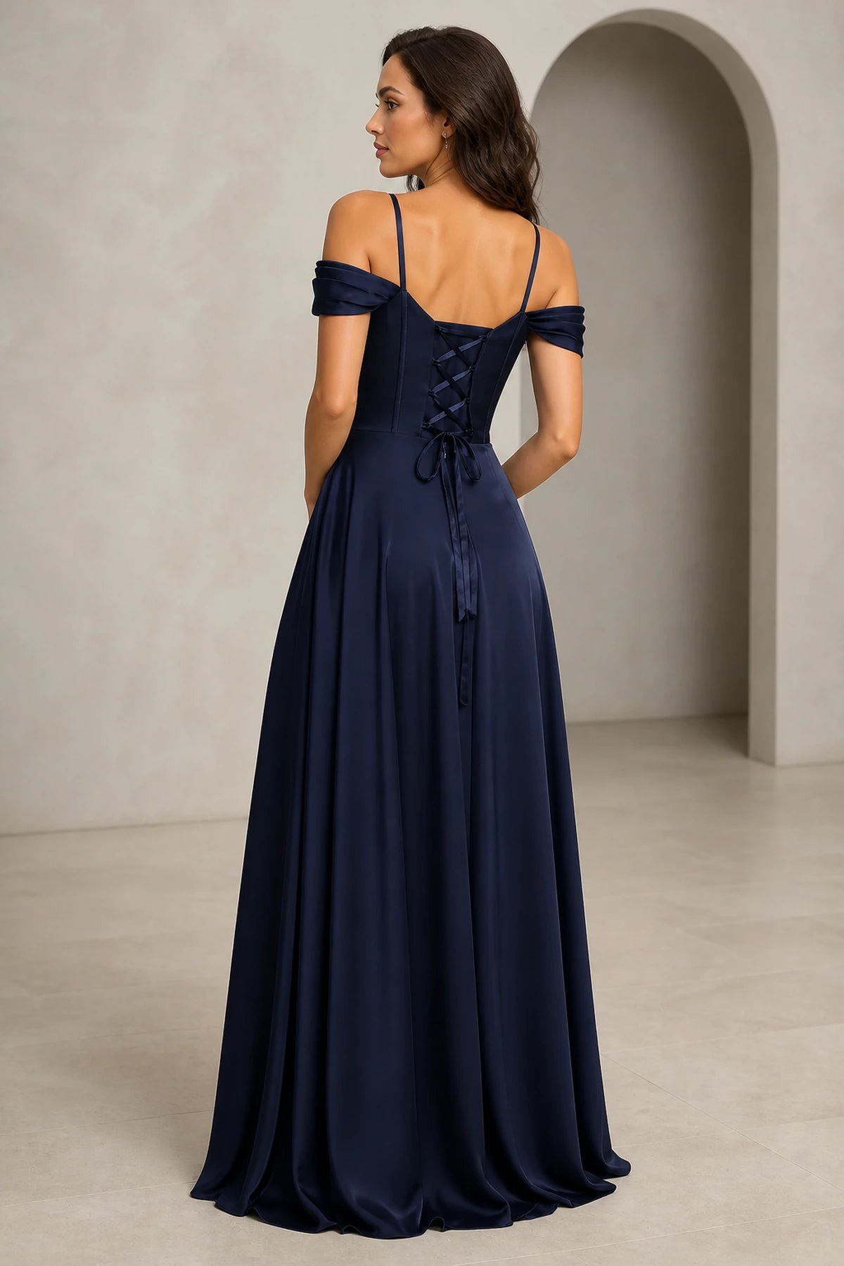 Navy blue off shoulder lace-up back floor length prom dress back view