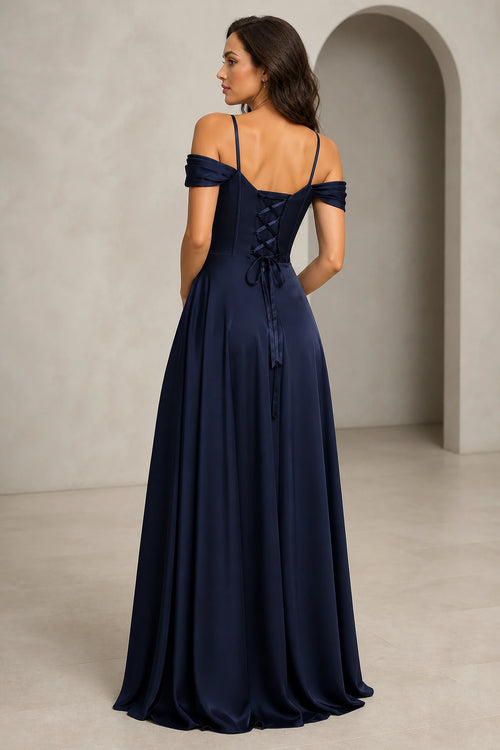Navy blue off shoulder lace-up back floor length prom dress back view
