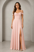Elegant A-Line Cowl Neck Off-Shoulder Lace-Up-Back Floor-Length Prom Dress