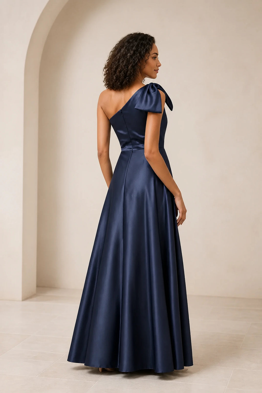 Navy blue one shoulder A-line prom dress with bow detail, fitted waist and floor-length skirt, front and back view