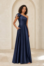 Refined A Line One Shoulder Bow Back Floor Length Prom Dress