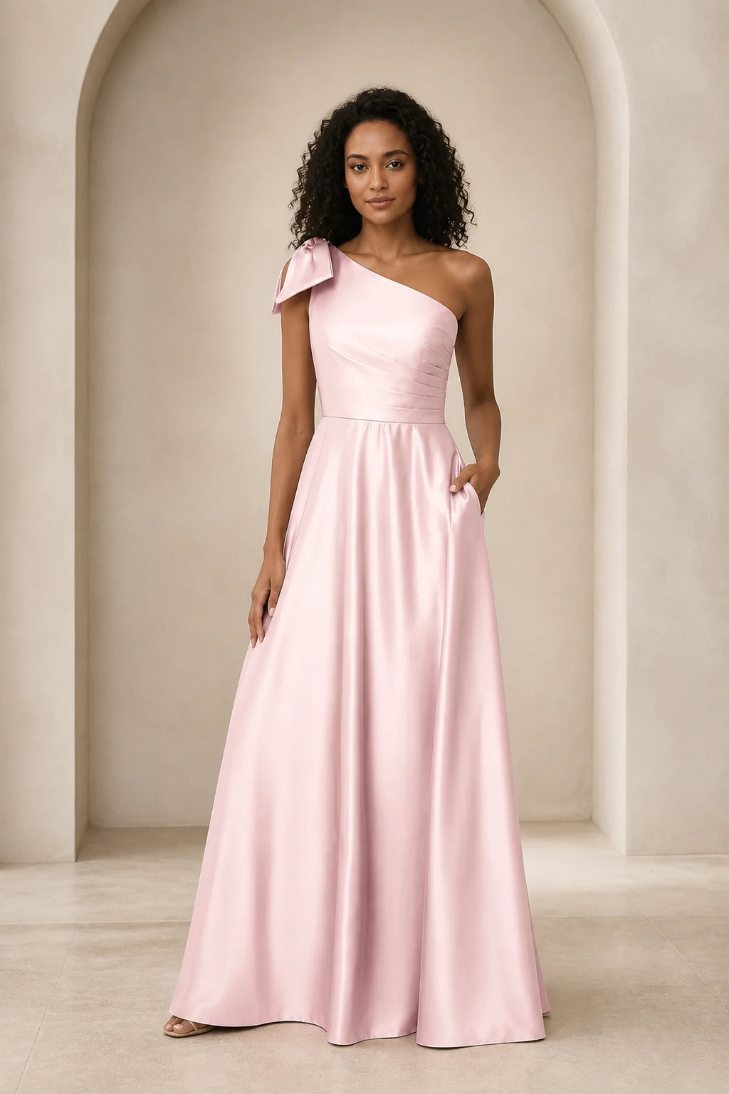 Refined A Line One Shoulder Bow Back Floor Length Prom Dress