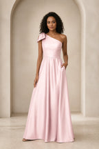 Refined A Line One Shoulder Bow Back Floor Length Prom Dress