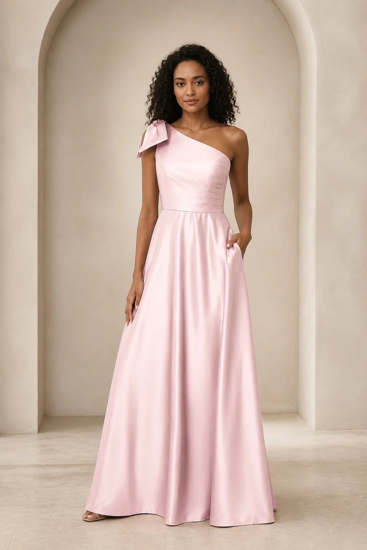 Refined A Line One Shoulder Bow Back Floor Length Prom Dress
