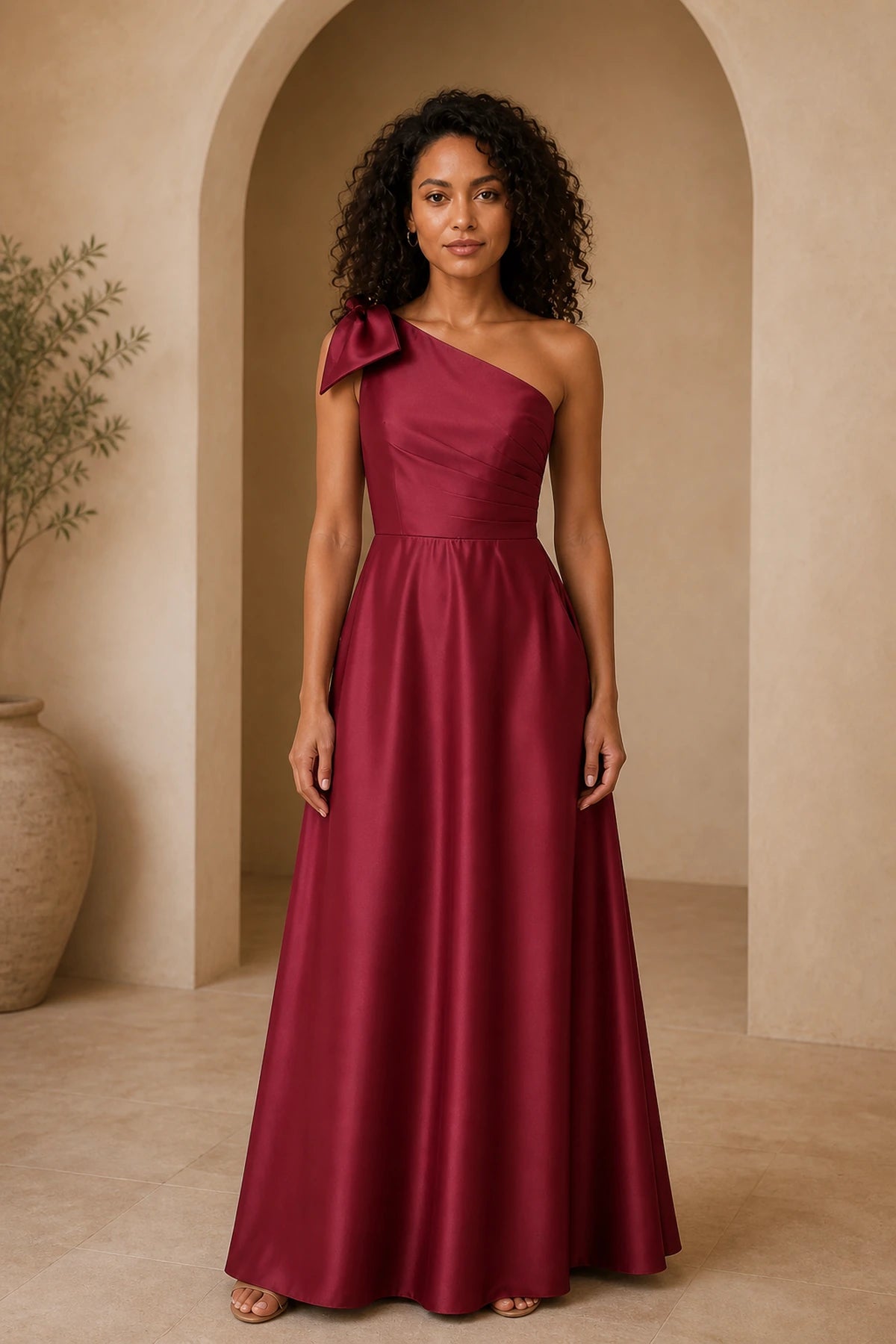 Refined A Line One Shoulder Bow Back Floor Length Prom Dress