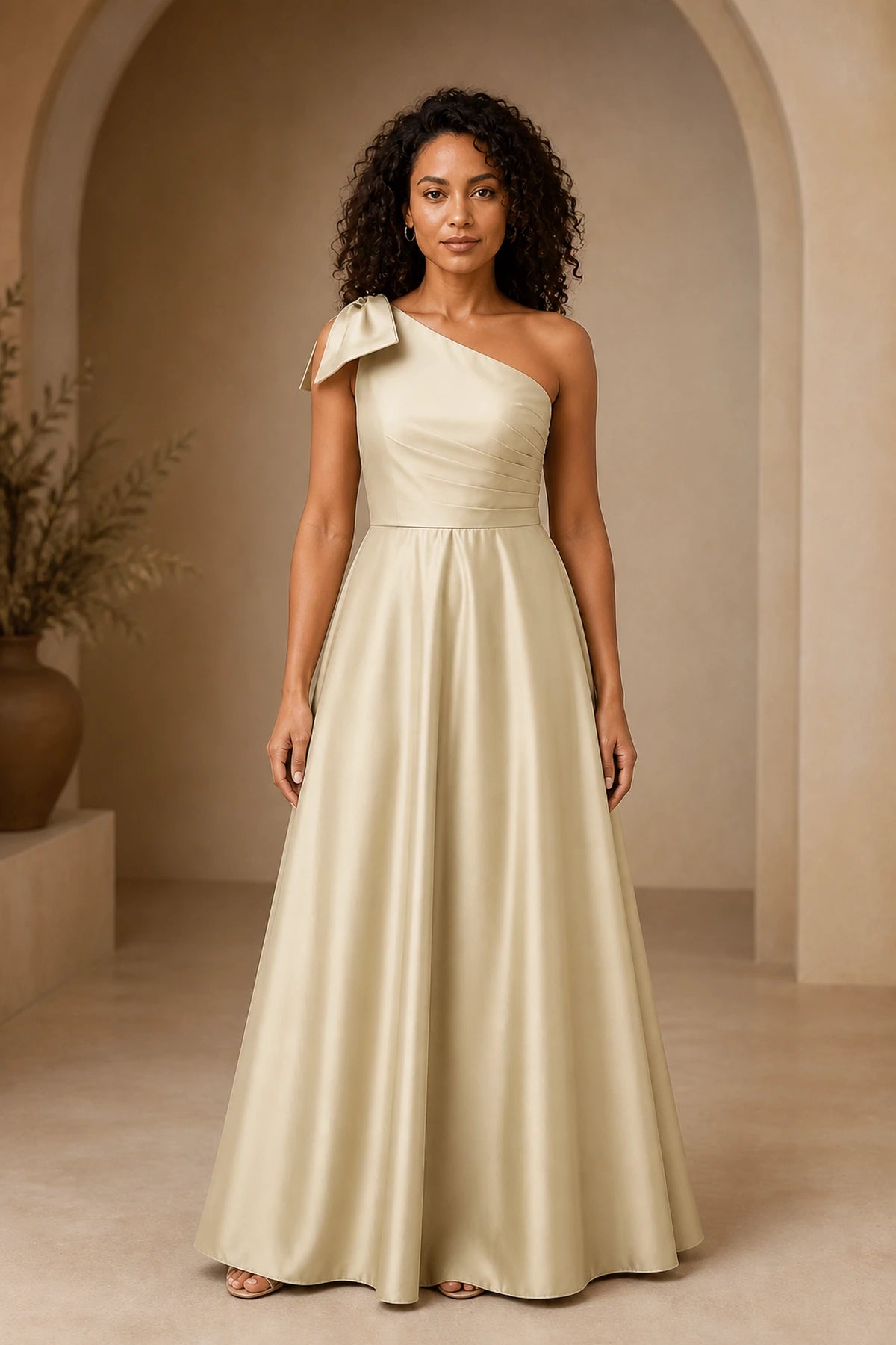 Refined A Line One Shoulder Bow Back Floor Length Prom Dress