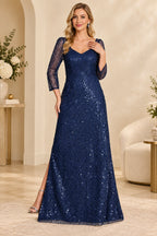 Navy blue sequin mother of the bride dress with V neckline three quarter sleeves and A line skirt
