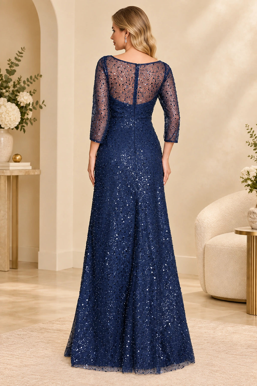 Navy blue sequin mother of the bride dress with illusion back and long formal skirt