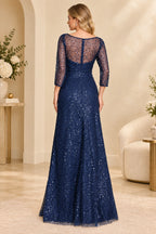 Navy blue sequin mother of the bride dress with illusion back and long formal skirt